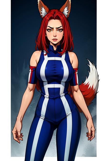 09717-686391585-absurdres, highres, best quality,  1girl, standing, red hair, fox ears, myheroacedamia outfit, blue jumpsuit,.png